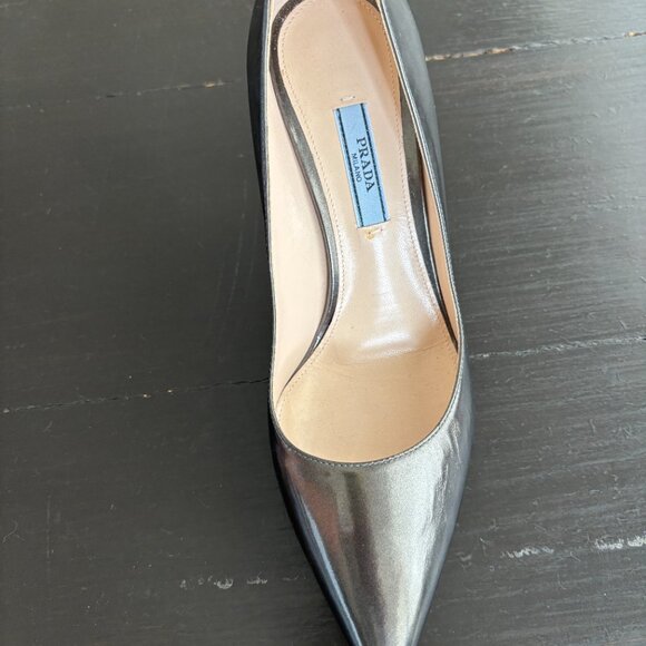Prada Pewter Metallic Leather Pointed Toe Pumps – Size 37.5 (BRAND NEW) - Picture 12 of 16